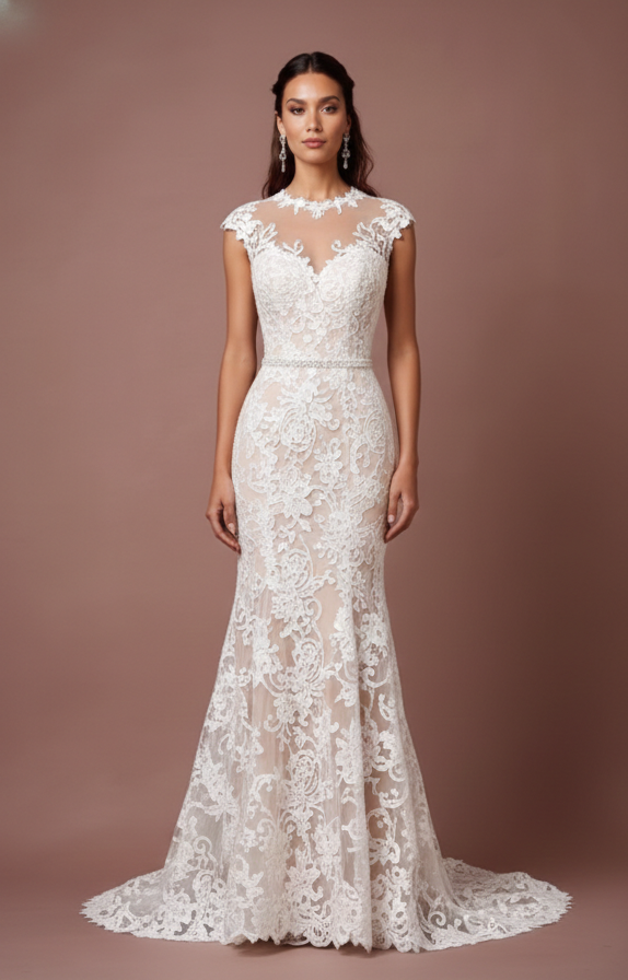Cap Sleeve Wedding Dress Embroidered Long Scalloped Edge