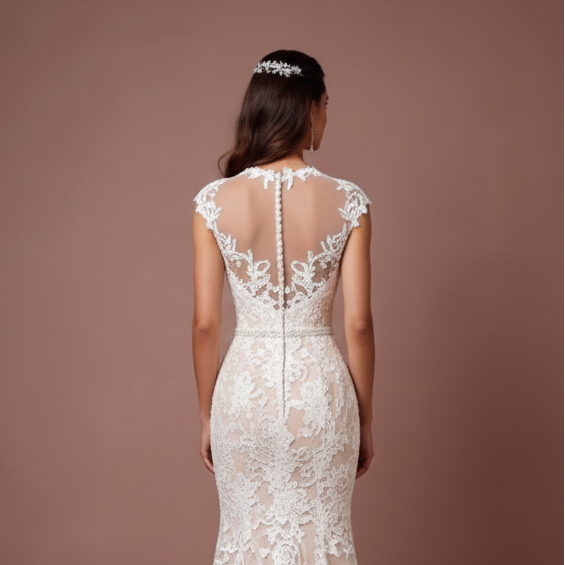 Cap Sleeve Wedding Dress Embroidered Long Scalloped Edge