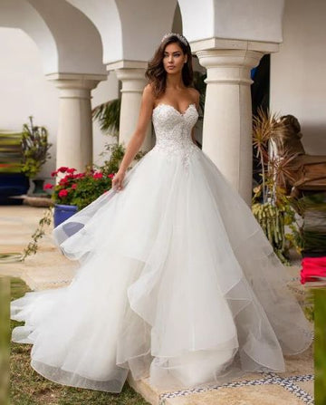 Vestido de noiva luxuoso com lantejoulas, corpete com lantejoulas e rendas, apliques inchados, organza, vestido de casamento
