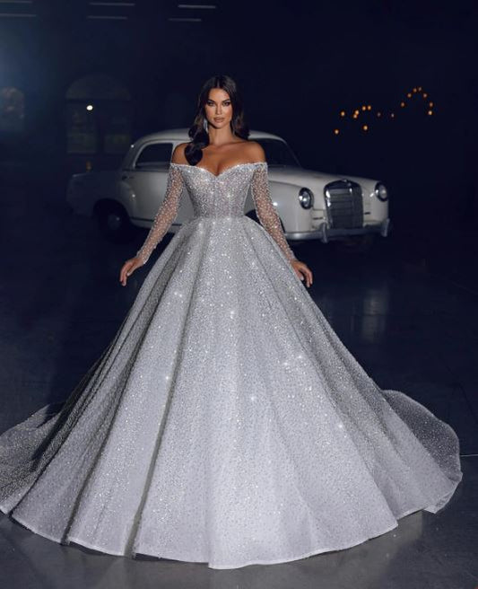 Arabia glitter prinsessa bröllopsklänningar från axeln glittrande långa ärmar brudklänningar a-line dubai tävling brud klänning