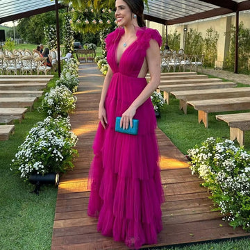 Fuchsia V-neck vestidos de noche Multilayer A-line Tulle Prom Dresses Elegant Sleeveless Floor-Length Formal Evening