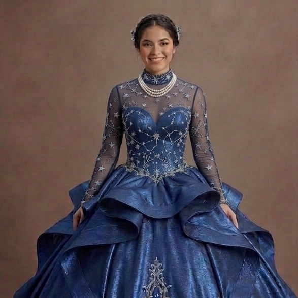Celestial Blue Quinceañera Dress with Star-Patterned Mesh