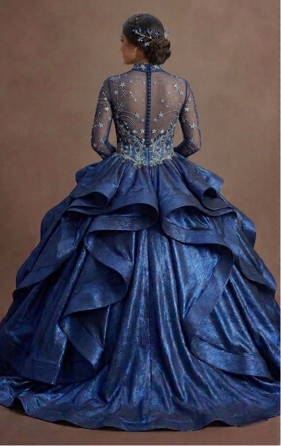 Celestial Blue Quinceañera Dress with Star-Patterned Mesh