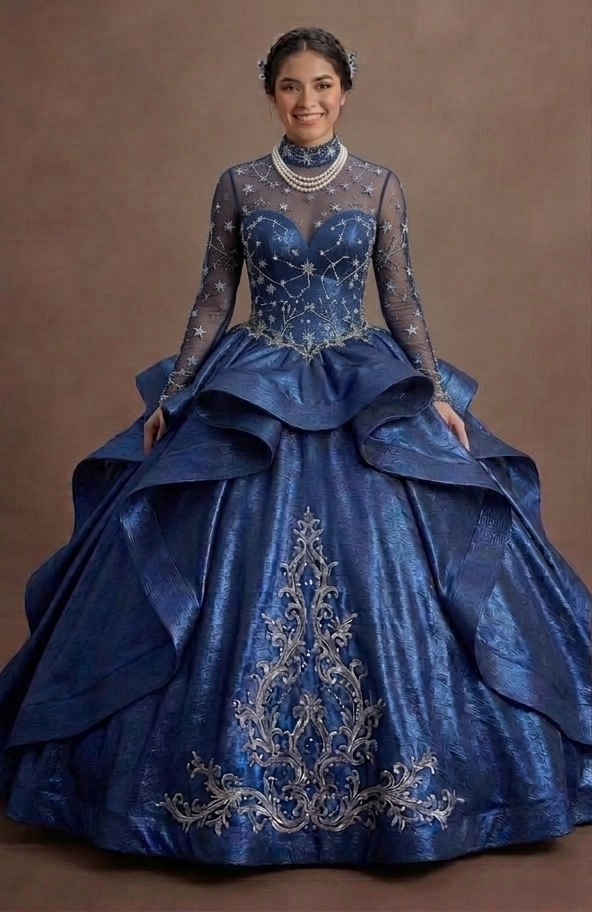 Celestial Blue Quinceañera Dress with Star-Patterned Mesh
