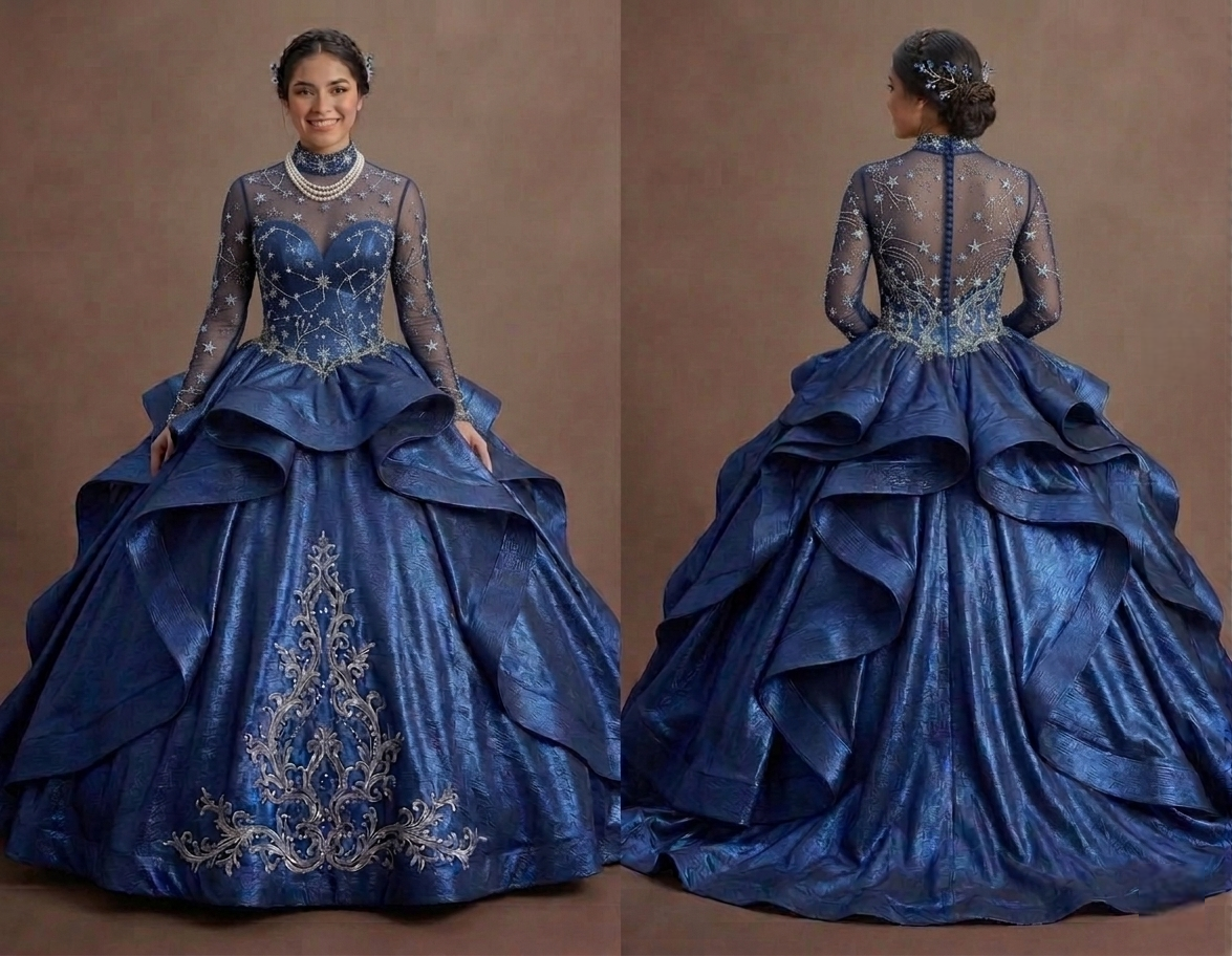 Celestial Blue Quinceañera Dress with Star-Patterned Mesh