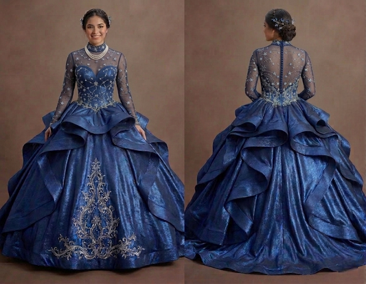 Celestial Blue Quinceañera Dress with Star-Patterned Mesh
