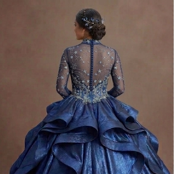 Celestial Blue Quinceañera Dress with Star-Patterned Mesh