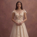 Champagne A-Line Bridal Dress with Floral Appliqué