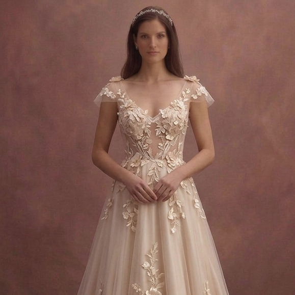 Champagne A-Line Bridal Dress with Floral Appliqué