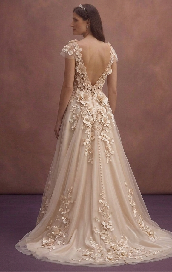 Champagne A-Line Bridal Dress with Floral Appliqué