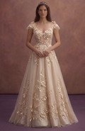 Champagne A-Line Bridal Dress with Floral Appliqué