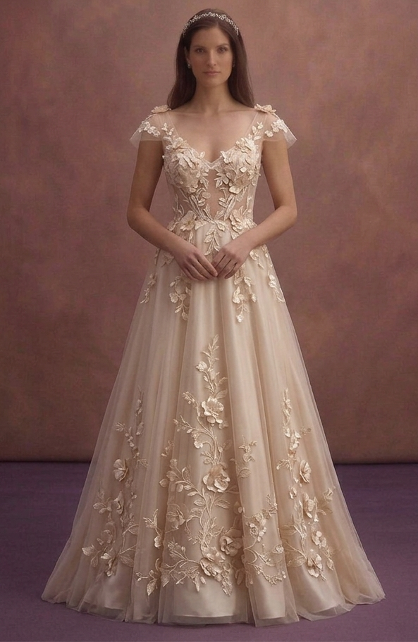 Champagne A-Line Bridal Dress with Floral Appliqué