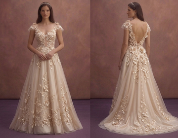 Champagne A-Line Bridal Dress with Floral Appliqué