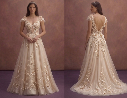 Champagne A-Line Bridal Dress with Floral Appliqué