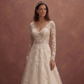 Champagne A-Line Wedding Dress with Lace Appliqué