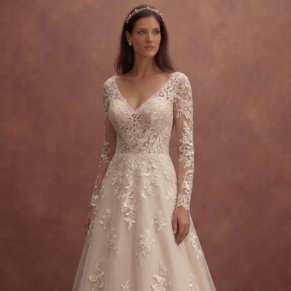 Champagne A-Line Wedding Dress with Lace Appliqué