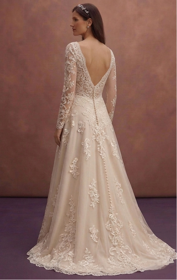 Champagne A-Line Wedding Dress with Lace Appliqué