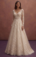 Champagne A-Line Wedding Dress with Lace Appliqué