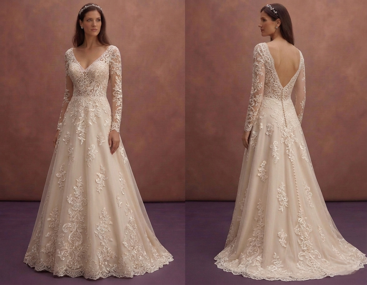 Champagne A-Line Wedding Dress with Lace Appliqué