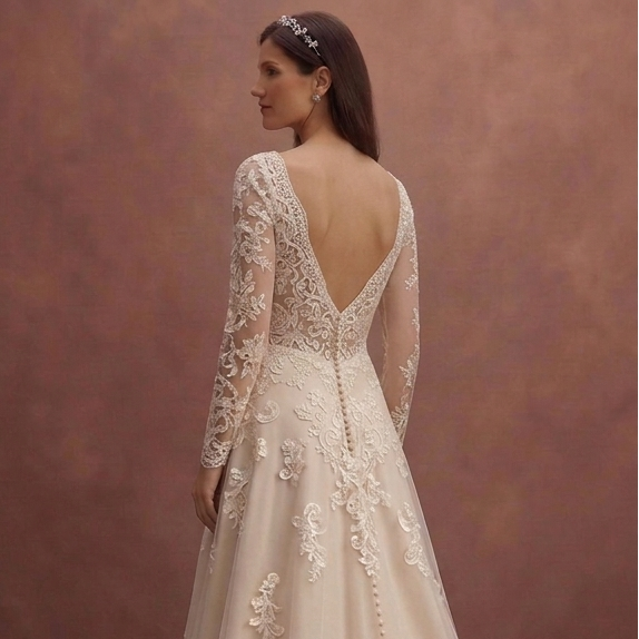 Champagne A-Line Wedding Dress with Lace Appliqué