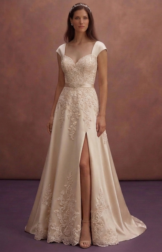 Champagne A-Line Wedding Dress with Lace Appliqué Details