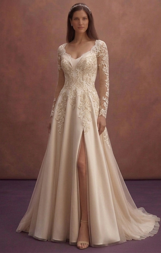 Champagne A-Line Wedding Dress with Lace Appliqué Elegance