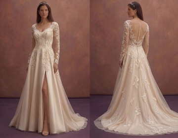 Champagne A-Line Wedding Dress with Lace Appliqué Elegance