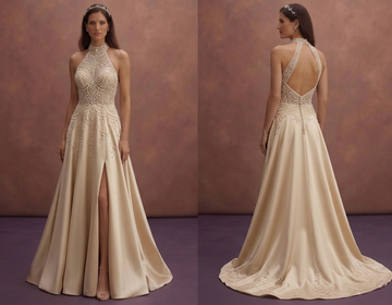 Champagne A-Line Wedding Dress with Pearl Details