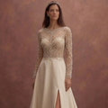 Champagne A-Line Wedding Dress with Pearl Embellished Bodice
