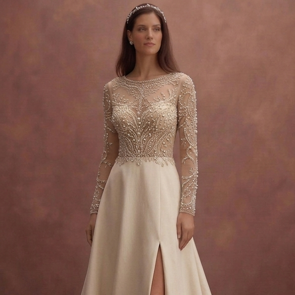 Champagne A-Line Wedding Dress with Pearl Embellished Bodice