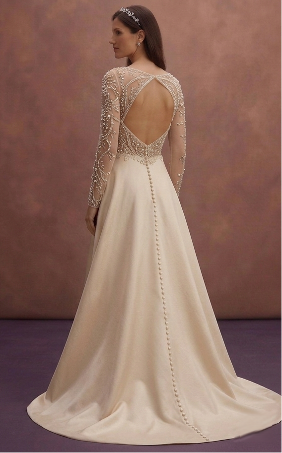Champagne A-Line Wedding Dress with Pearl Embellished Bodice
