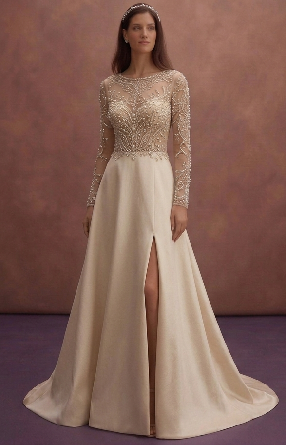Champagne A-Line Wedding Dress with Pearl Embellished Bodice