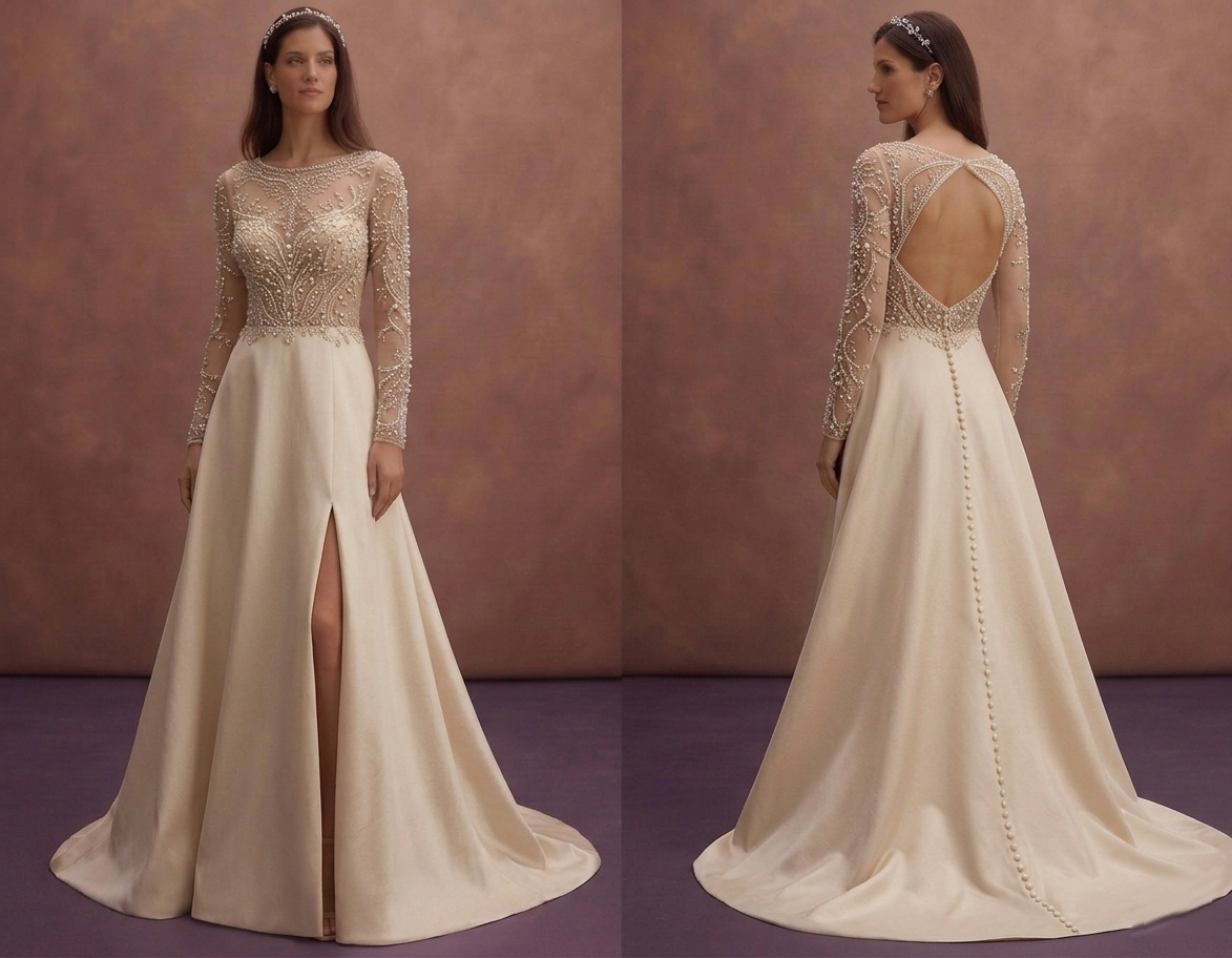 Champagne A-Line Wedding Dress with Pearl Embellished Bodice