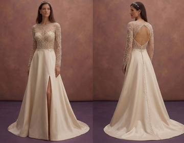 Champagne A-Line Wedding Dress with Pearl Embellished Bodice