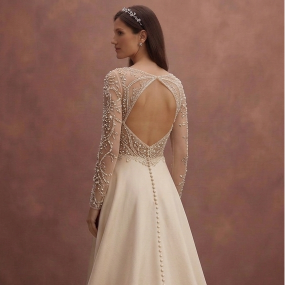 Champagne A-Line Wedding Dress with Pearl Embellished Bodice