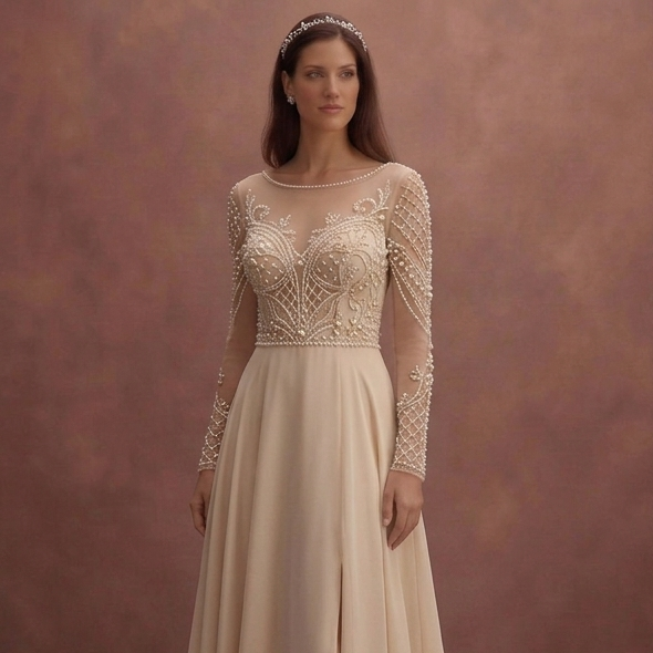 Champagne A-Line Wedding Dress with Pearl Embellishments