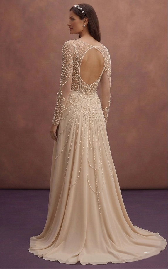Champagne A-Line Wedding Dress with Pearl Embellishments
