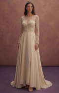 Champagne A-Line Wedding Dress with Pearl Embellishments