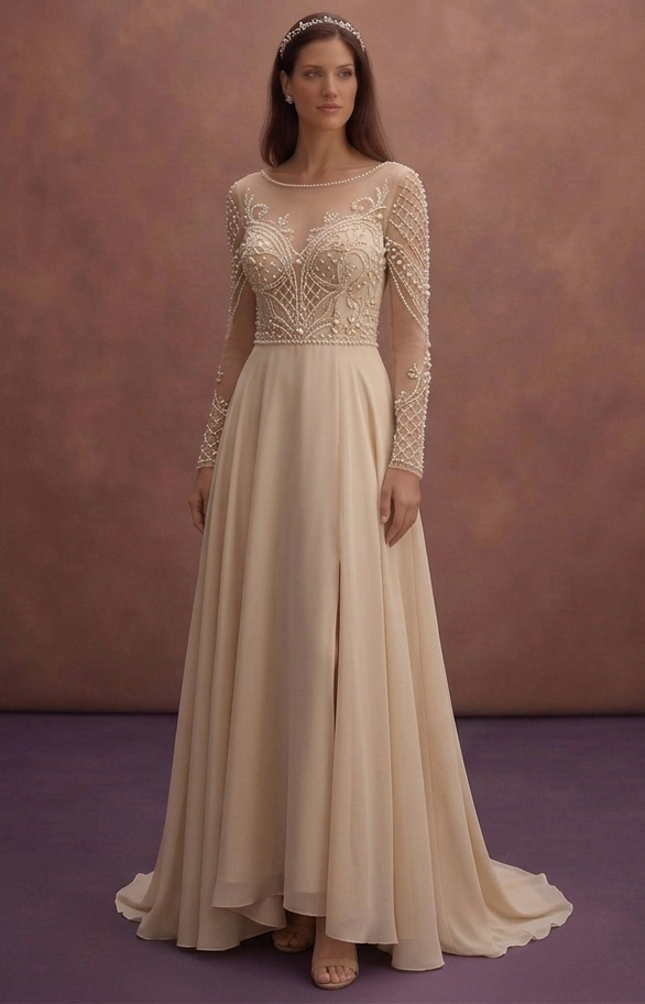 Champagne A-Line Wedding Dress with Pearl Embellishments
