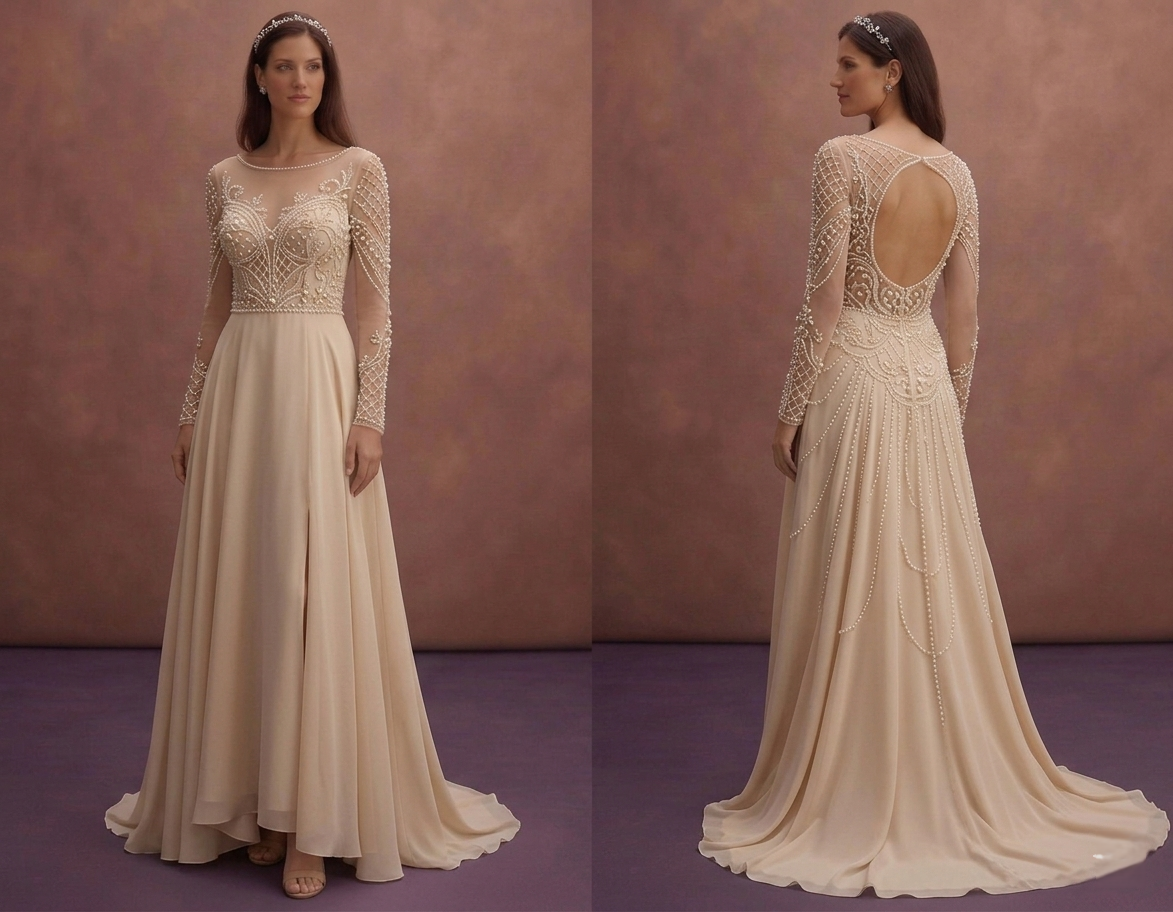 Champagne A-Line Wedding Dress with Pearl Embellishments