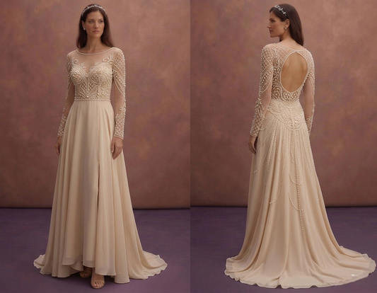 Champagne A-Line Wedding Dress with Pearl Embellishments