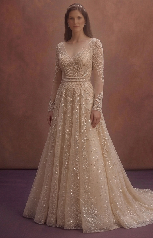 Champagne A-Line Wedding Dress with Sparkle Skirt