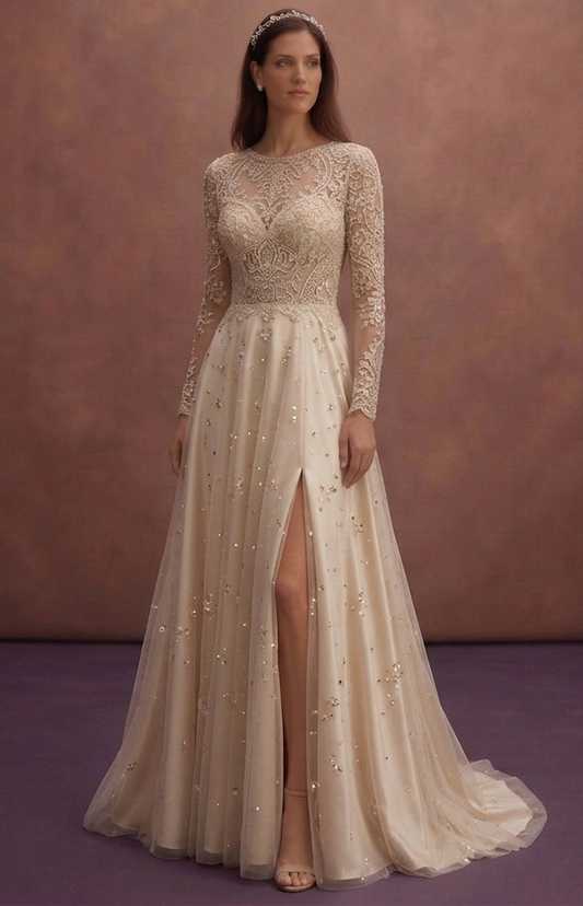 Champagne A-Line Wedding Dress with Sparkle Skirt Detail