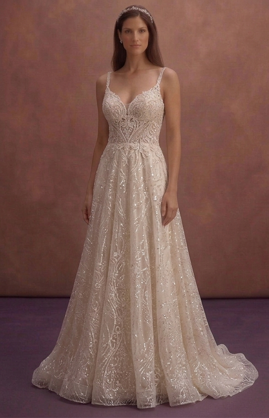 Champagne A-Line Wedding Dress with Sparkle Skirt Detail