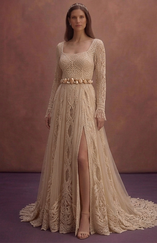 Champagne Bohemian Bridal Dress with Crochet Lace Details