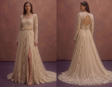 Champagne Bohemian Bridal Dress with Crochet Lace Details