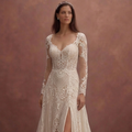 Champagne Bohemian Lace Wedding Dress with Flowing Train