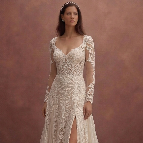 Champagne Bohemian Lace Wedding Dress with Flowing Train