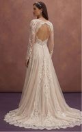 Champagne Bohemian Lace Wedding Dress with Flowing Train