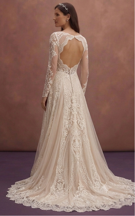 Champagne Bohemian Lace Wedding Dress with Flowing Train